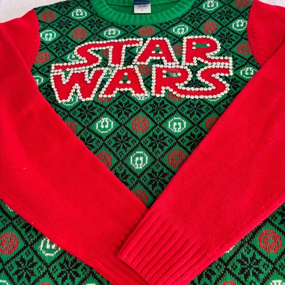 Kids Star‎ Wars Ugly Christmas Sweater Green Red Rhinestone Logo Size S - Picture 4 of 9